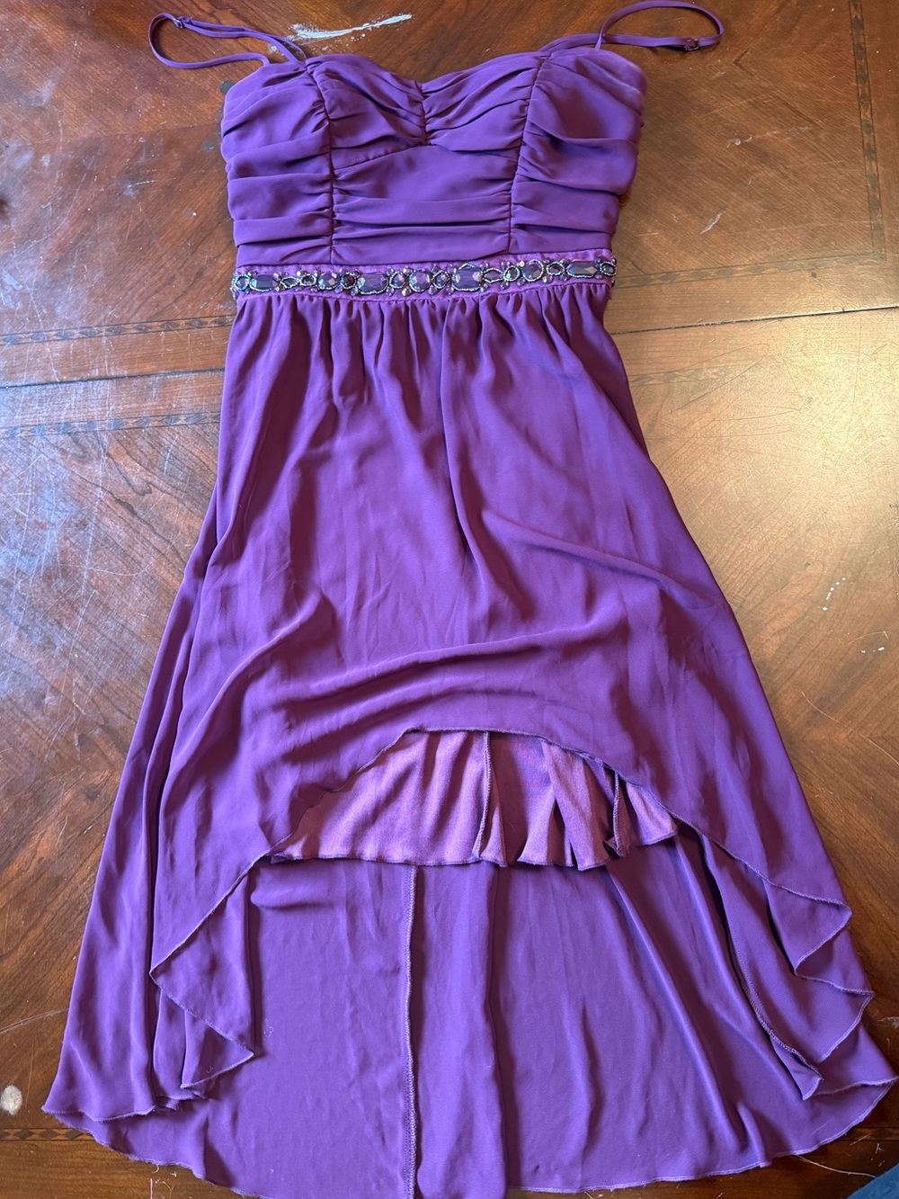 As U Wish Purple High-Low Spaghetti Strap Dress with Embellished Waistband